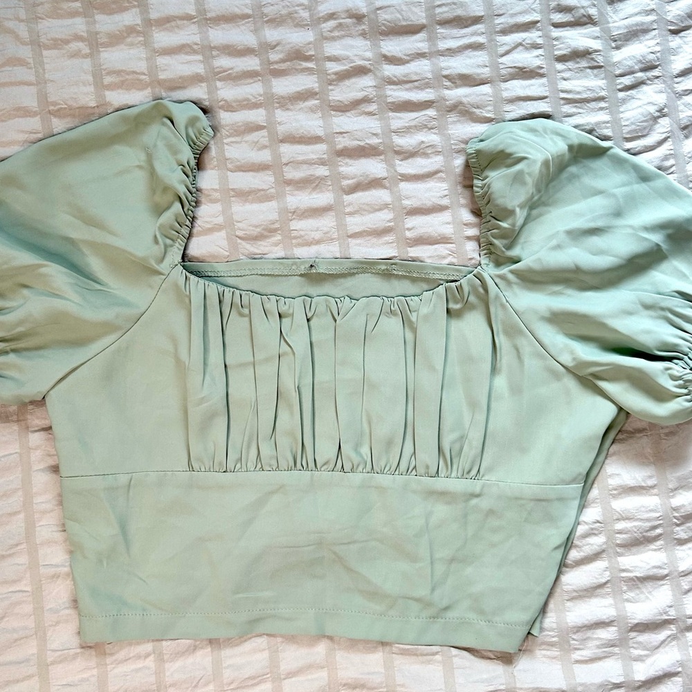 Sage Green Puff Sleeve Crop Top | Pleated Square Neck Blouse | Fits S/M